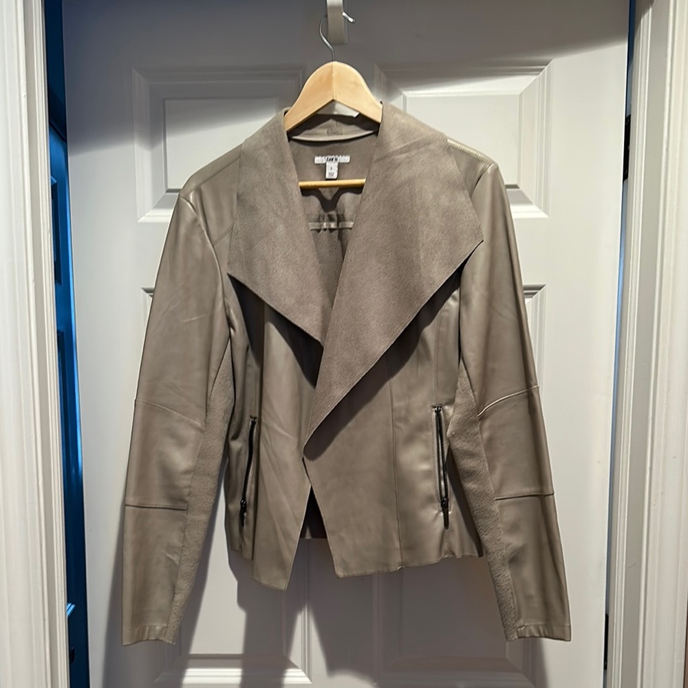Taupey-Grey Faux Leather Jacket with Draped Collar